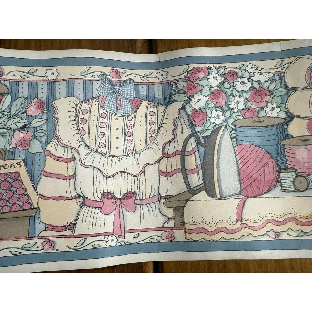 Vintage Wallpaper Wall Border Country Granny Cat Kittens Sewing 7